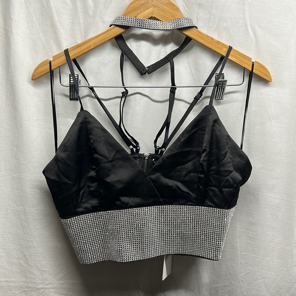 Black satiny top with rhinestone banding large